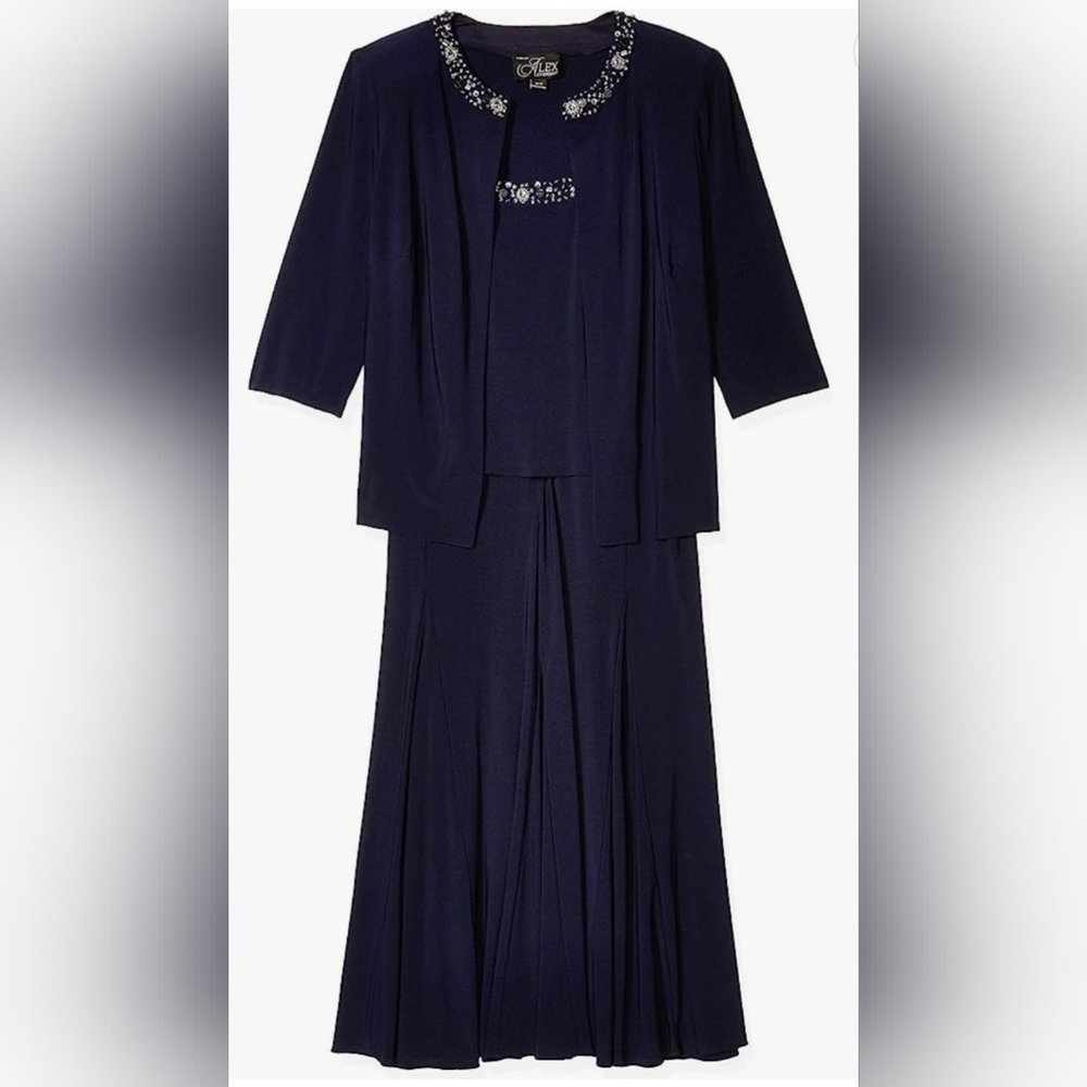 ALEX EVENINGS Navy  Two-piece Jacket Dress with Sequin/Rhinestone Trim-LIKE NEW